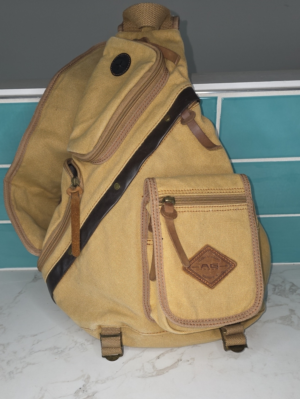 Casual Tan Canvas Sling Bag with Leather Accents